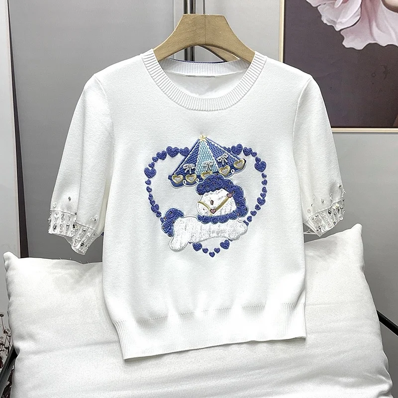 Summer New Beading Embroidery Puff Sleeve Sweater Fashion Women Knitted Pullover Slim Fit Short Knitwear Y2K Casual Jumpers