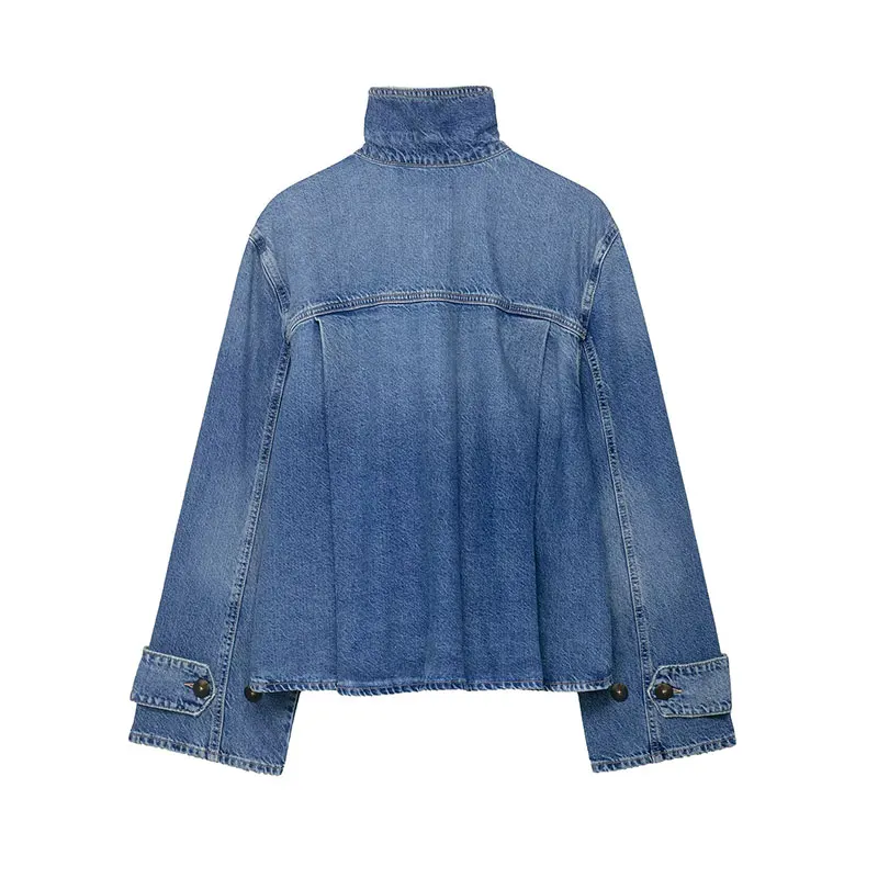 Spring Autumn New Women Street Fashion Denim Jackets Long Sleeves High Neck Casual Female Denim Coats