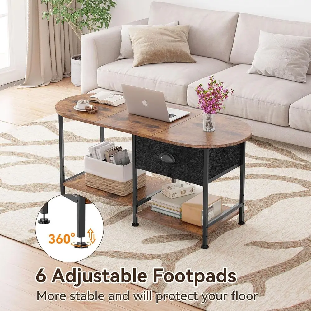 Rustic Brown 37 Oval Coffee Table with Storage for Small Spaces: Modern Wood Design with Drawers and Shelves