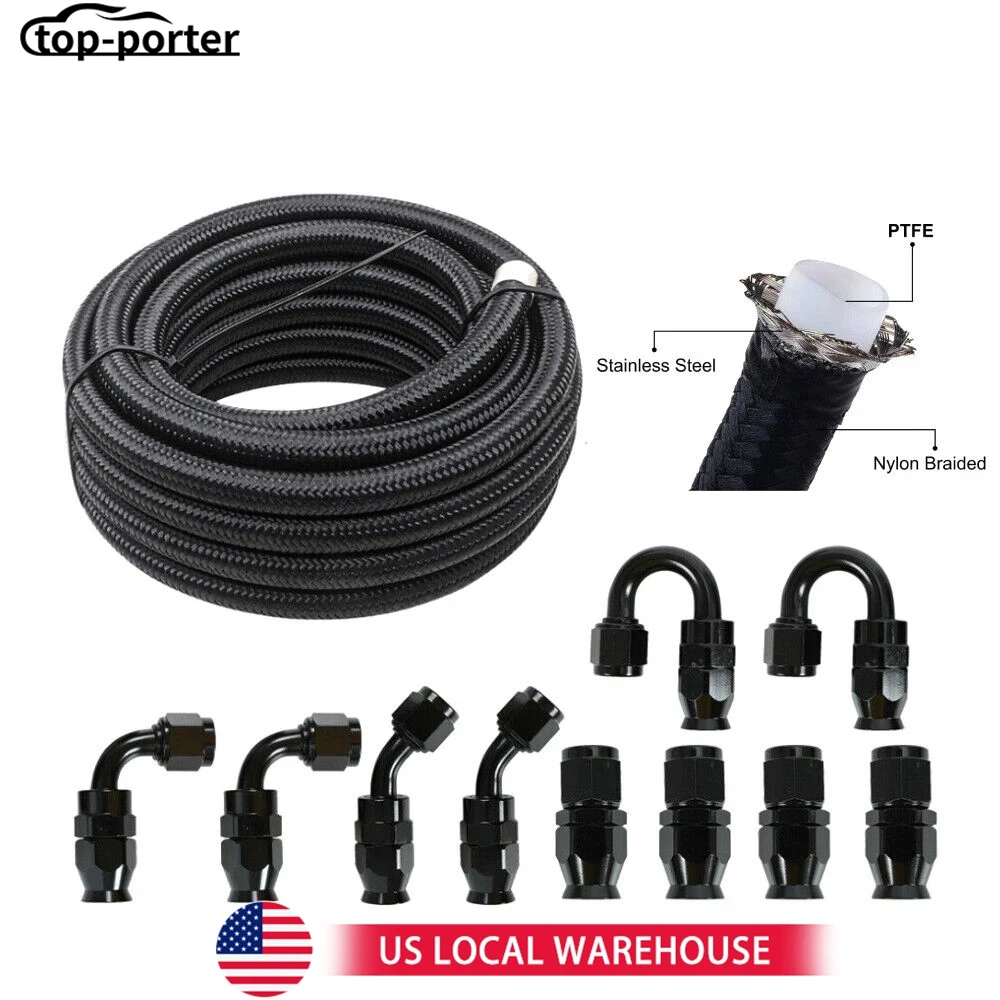 

6AN Nylon E85 PTFE Fuel Line 30FT with 6 or 10 Fittings Hose Kit Black