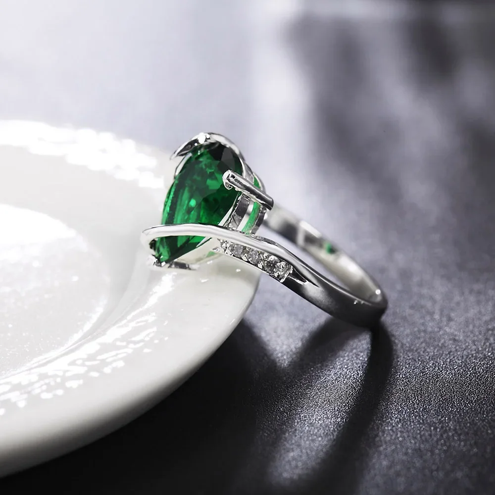 charm 925 Sterling Silver Rings For women green crystal Water droplets size 7 8 Fashion party Gift engagement wedding Jewelry