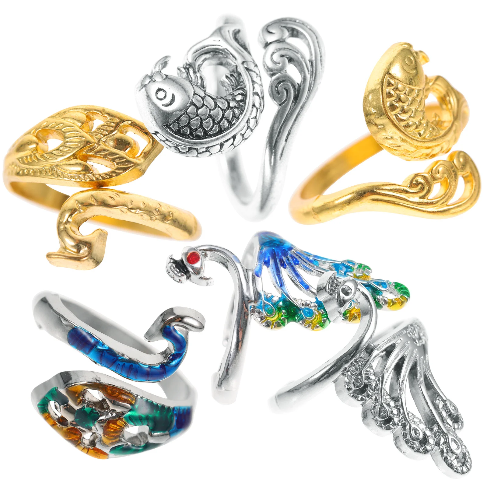 

6pcs Retro Guide Finger Holder Knitting Loop Ring For Sewing Crochet Vintage Animal Pattern Open Adjustable Alloy