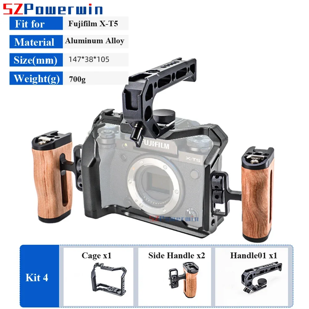 Powerwin For Fujifilm X-T5 Camera Cage Rig Kit with wooden Handle Multifunctional Arri Locating Screw Aluminum Alloy