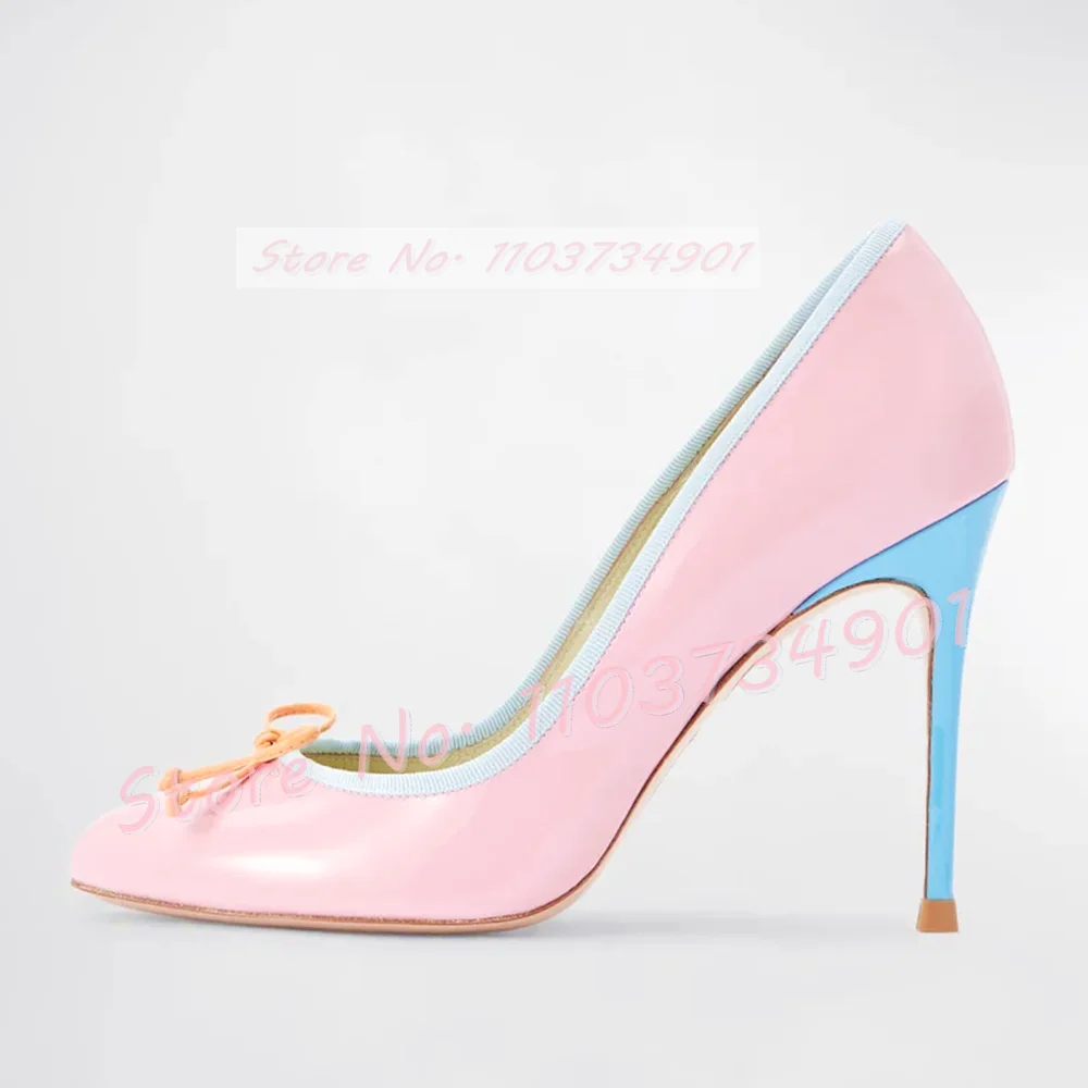 Pink Patent Leather Round Toe Pumps Women Stylish Blue Thin High Heels Shoes Ladies Fashion Big Size Bowknot Mixed Color Pumps