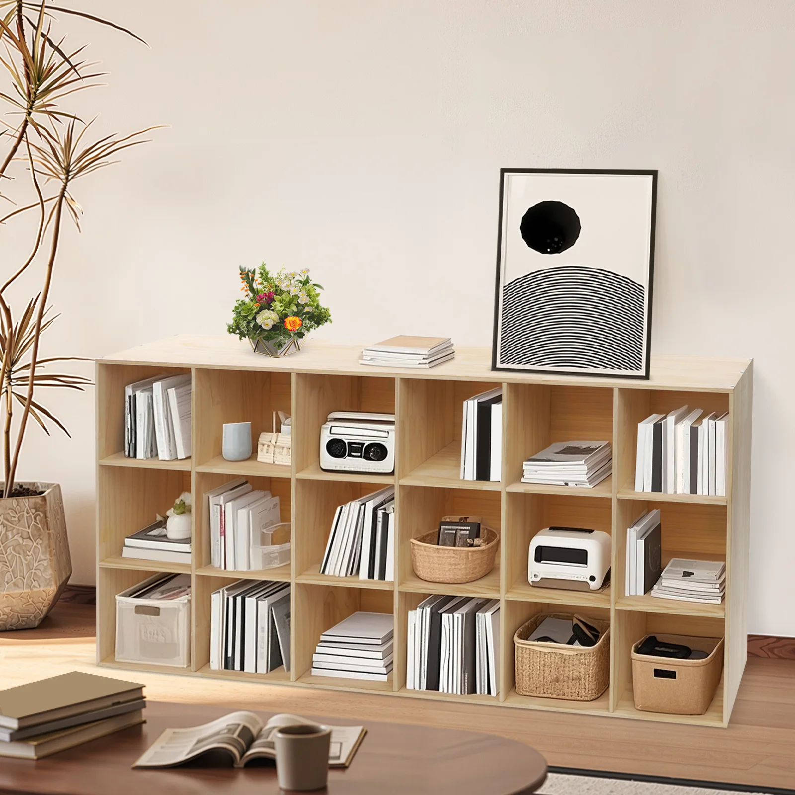 خزانة كتب ذات رف تخزين ملون مكونة من 3 طبقات، خزانة عرض مثبتة على الأرض مع 18 حجرة للمنزل وغرفة المعيشة والمكتب والدراسة