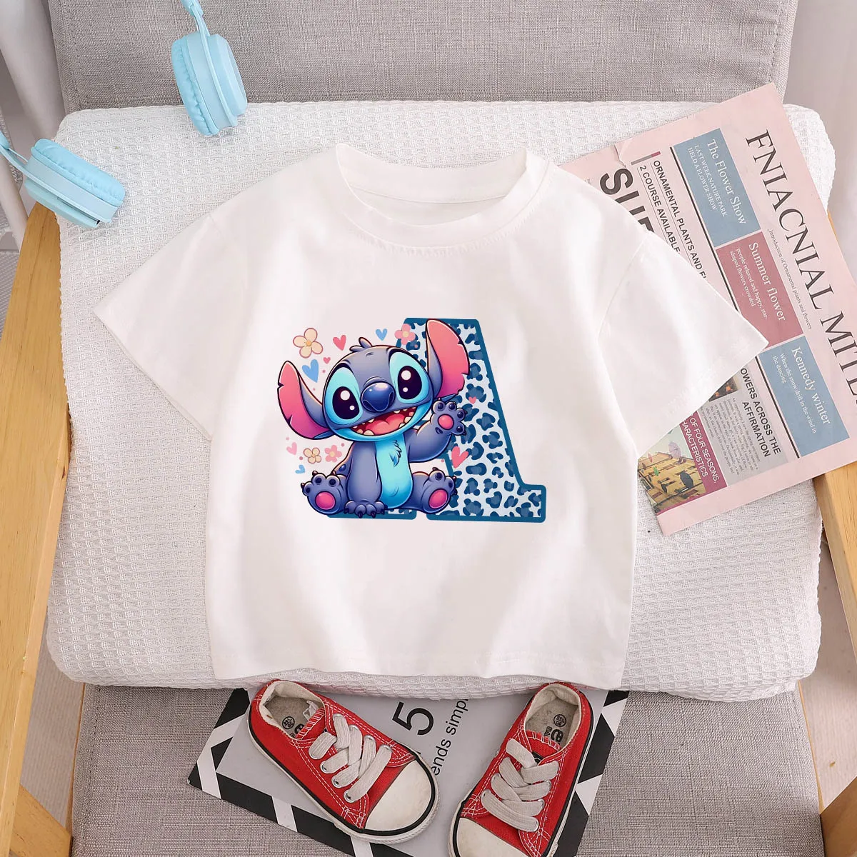 

Stitch T-Shirt Letter A B C D Children Tee Shirts Cartoons Print Short Sleeve Kawaii Kid Casual Clothes Girl Boy Tops Clothing