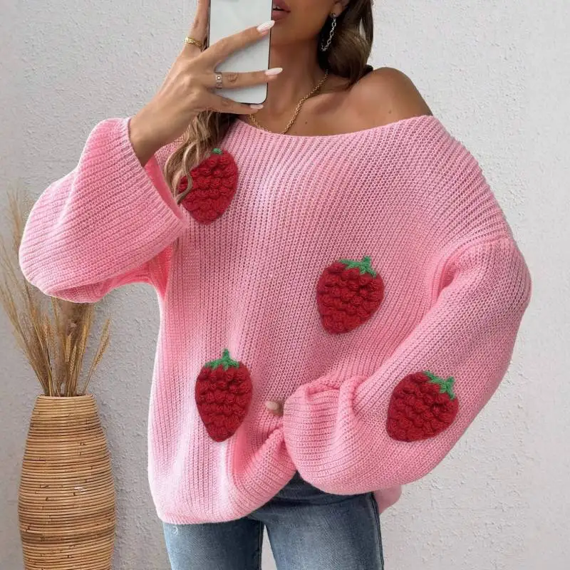 

Женский свитер с открытыми плечами и рукавами-колокол, трикотажная ткань из полиэстера с мозаикой в виде клубники, пуловер в стиле футболки с круглым вырезом, свободный крой