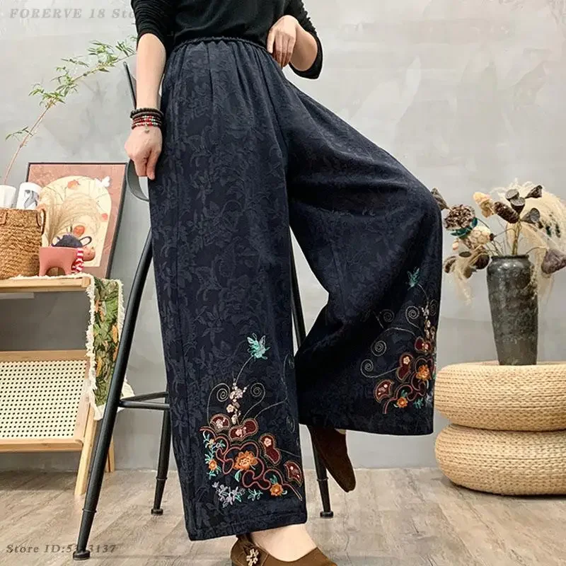 

Ethnic Style Plus Size Bottoms Female Retro Spring Autumn Jacquard Embroidered Pants Elegant Wide Leg High Waist Casual Trousers