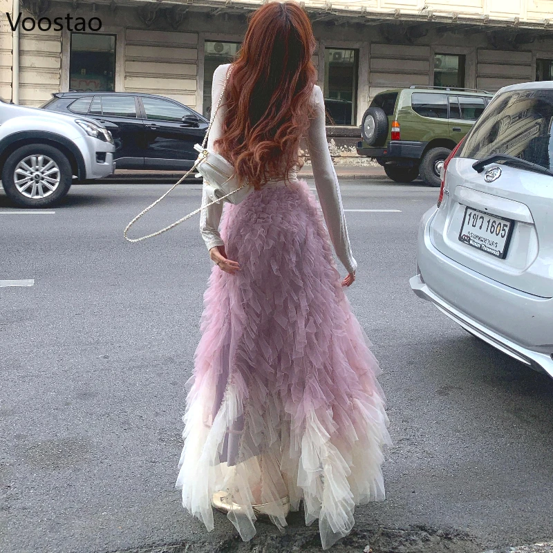 Moda feminina tule longo bolo saia cintura alta gaze rosa roxo gradiente babados saias doces elegante vestido de baile saias de festa