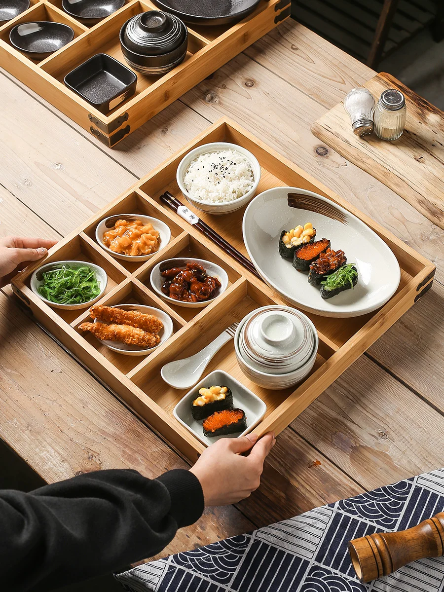 Japanese B&B Breakfast Tableware Creative Ceramic Retro Compartment Dinner Plate Tray Hotel Restaurant Commercial Set