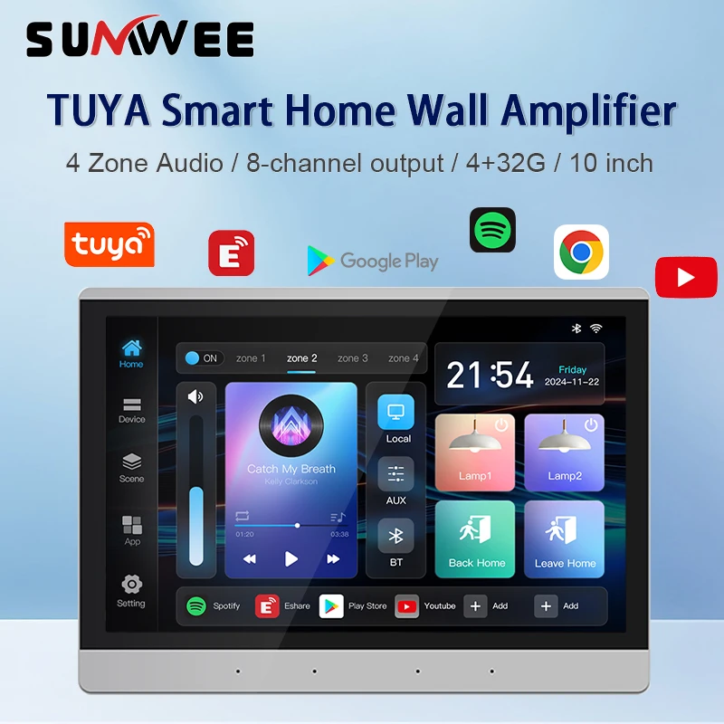 Hogar inteligente 10 pulgadas sistema de música de fondo pantalla táctil panel de control de sonido bluetooth audio de 4 zonas en amplificador de pared Android 11