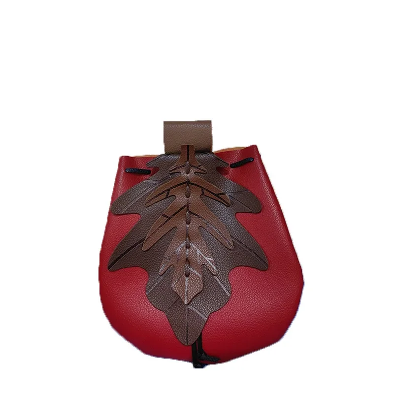 

Drawstring Waist Bag Medieval Wallet Coin Purse Faux Leather Vintage Europe Leaf Pattern Lace-Up Fanny Pack Bag
