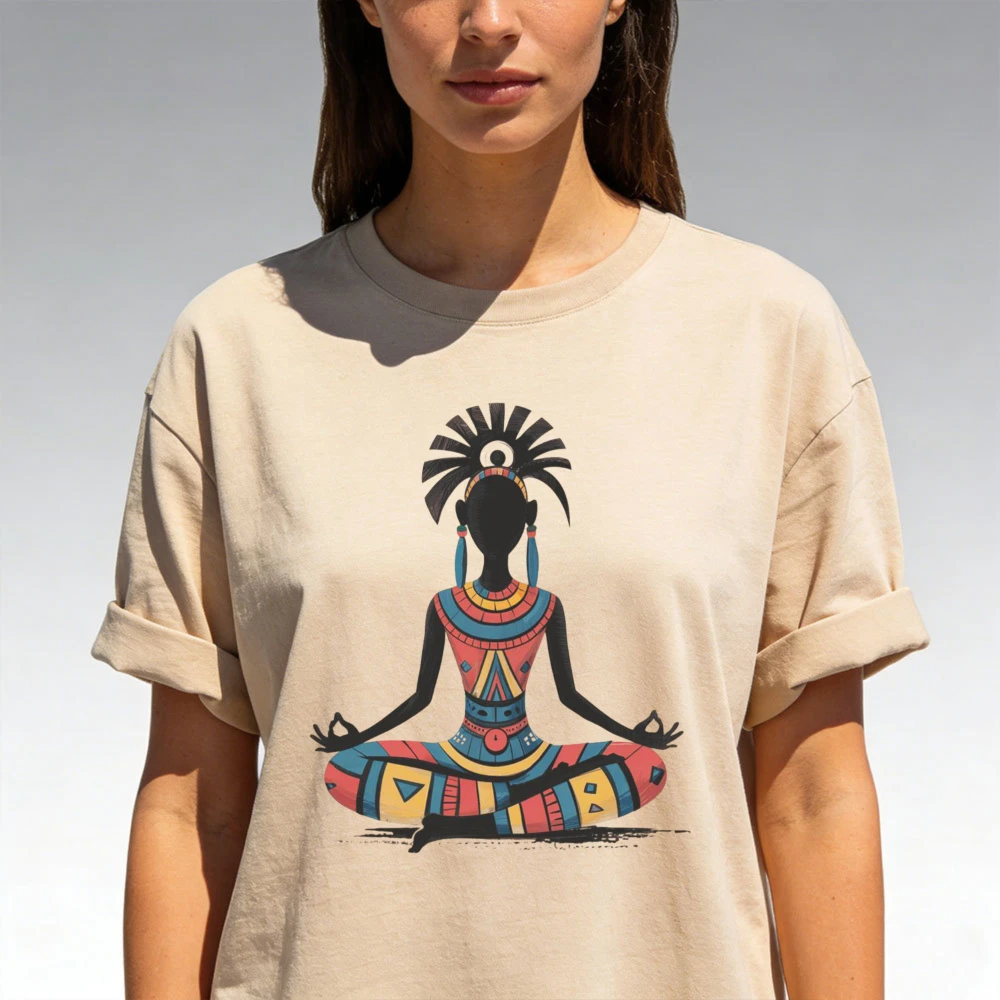 African Woman Meditation T-Shirt Yoga Ethnic Art Tees Women Clothes Summer Casual Graphic T Shirts O-neck Short Sleeve Tops