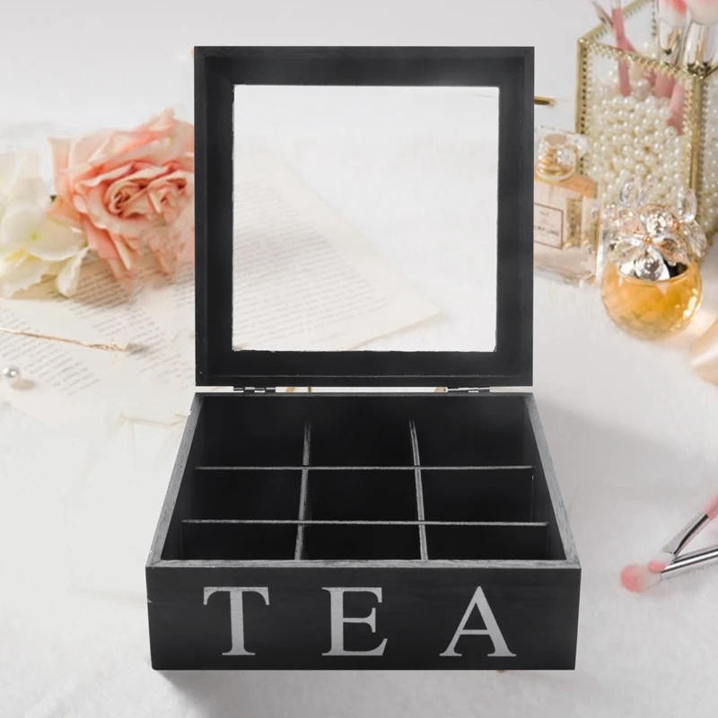 Wooden 9 Grids Tea Box Tea Bags Container Storage Box Square Gift Box Case Transparent Top Lid Jewelry Storage Box-Black