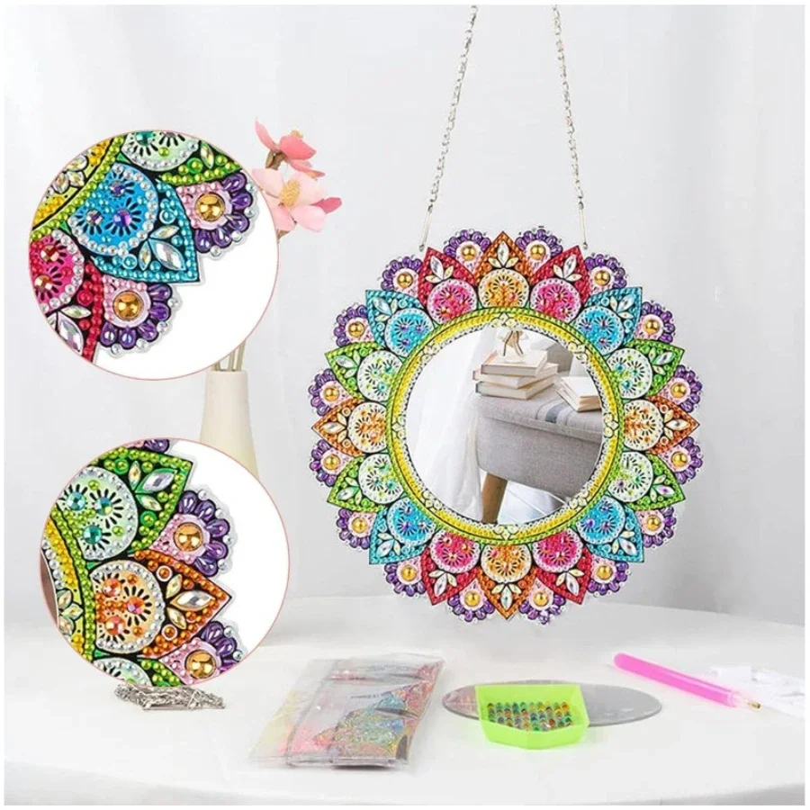 

DIY Round Diamond Painting Mirror Mandala Diamond Embroidery Mosaic Cross Stitch Makeup Mirror Bedroom Home Decoration Gifts