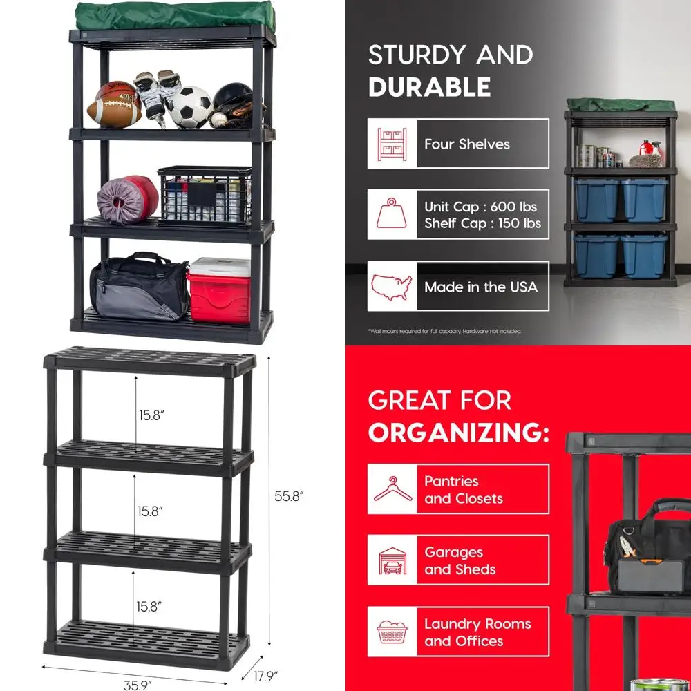 IRIS USA 4-Shelf Heavy Duty Plastic Storage Shelves, 600lb Capacity, 56H x 36W x 18D, Large Modular Shelving Unit Storage Organi