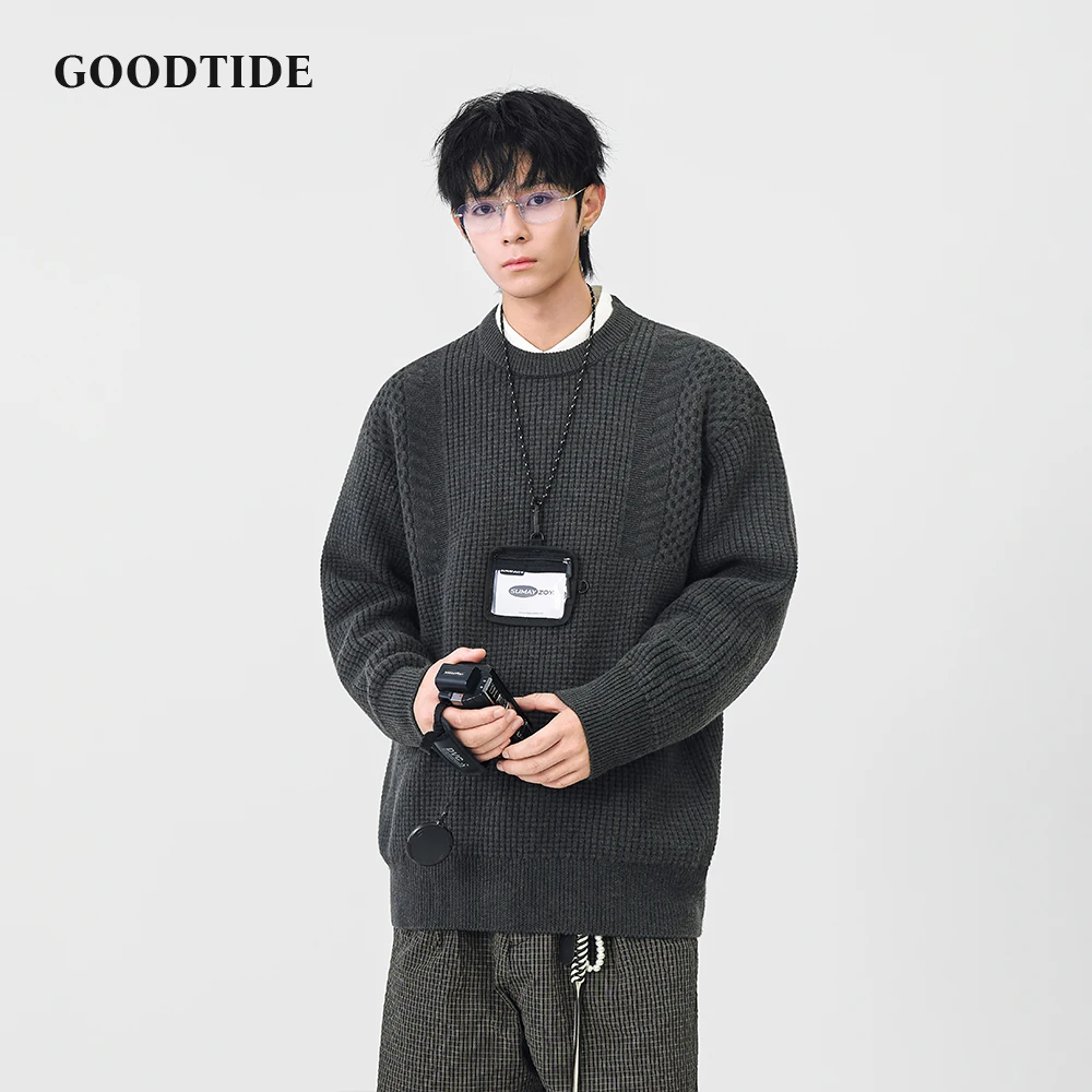 Fashion Men's Casual Crew Neck Sweater Waffle Knit Pullover Textured Panel Comfortable Soft Long Sleeve Jumper Winter Top