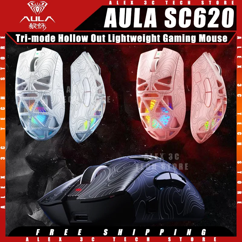 

AULA SC620 Gaming Mouse Tri-mode Paw3311 Sensor Lightweight Wireless 1k Polling Rate Ergonomics Hollow Out Office Wireless Mouse