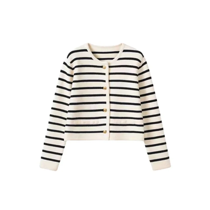 

Fall 2024 New Women's Red and White Contrasting Striped Soft Waxy Knit Top Sweet Cropped Sweater Cardigan