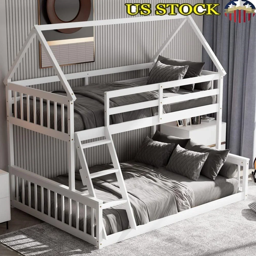 

Wood Twin Over Full House Bunk Bed Solid Pine Frame Built In Ladder Safety Guardrails No Box Spring Needed Modern Design 350lbs