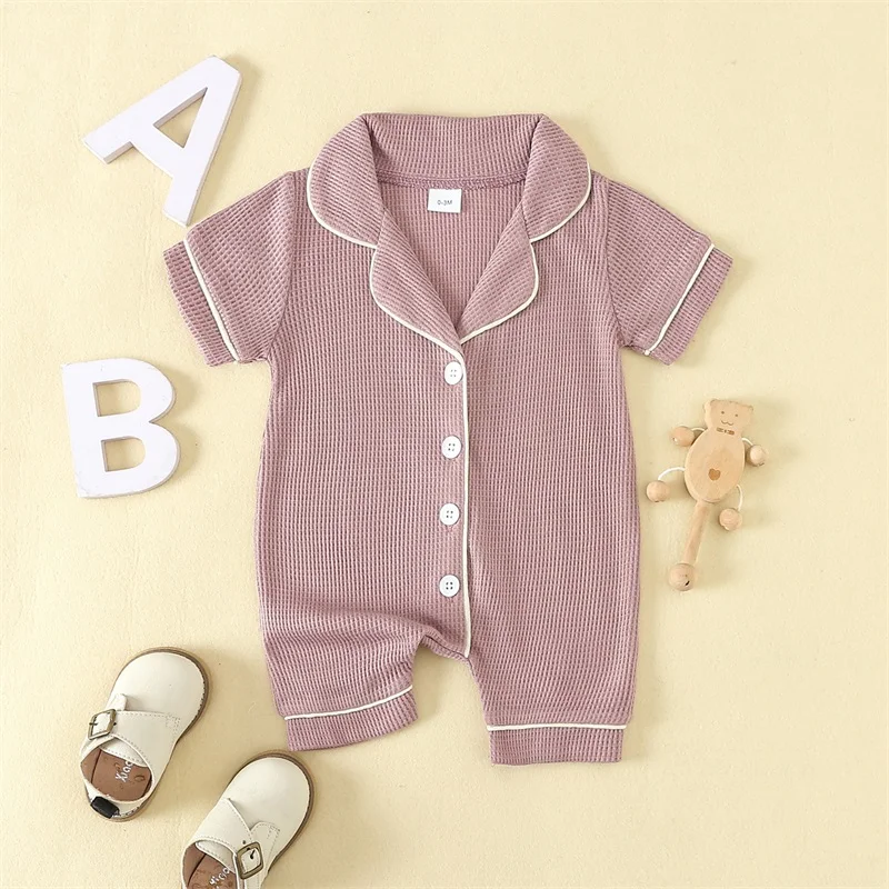 Lioraitiin Infant Girls Boys Romper Pajama Lapel Neck Short Sleeve Contrast Trim Button Down Waffle Jumpsuit Sleepwear Clothes