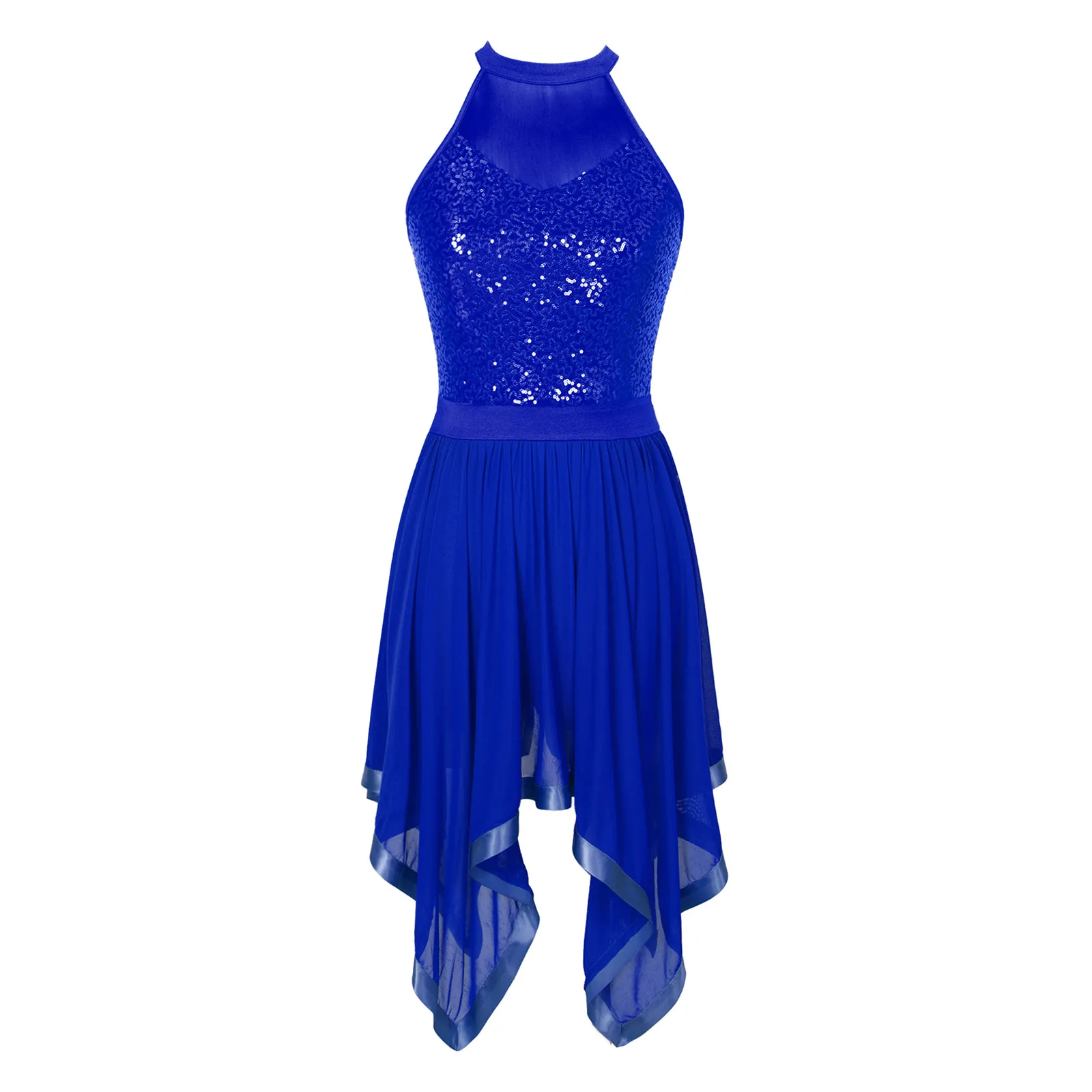 Elegante Ballet Maillots Dans Jurk Voor Vrouwen Shiny Pailletten Asymmetrische Zoom Mesh Lyrical Jurken Prom Prestaties Kostuum