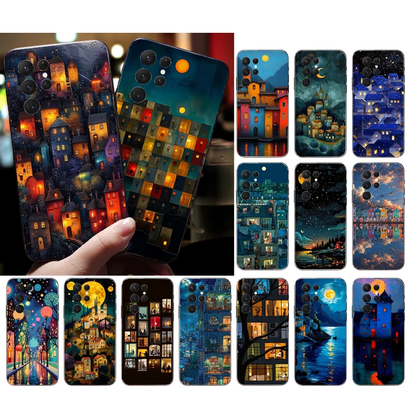 

Phone Case For Samsung Galaxy S25 S24 S23 S22 S21 Ultra S24 S23 S22 S21 S25 Plus S24 S20 FE House Night Light Moon Scenery