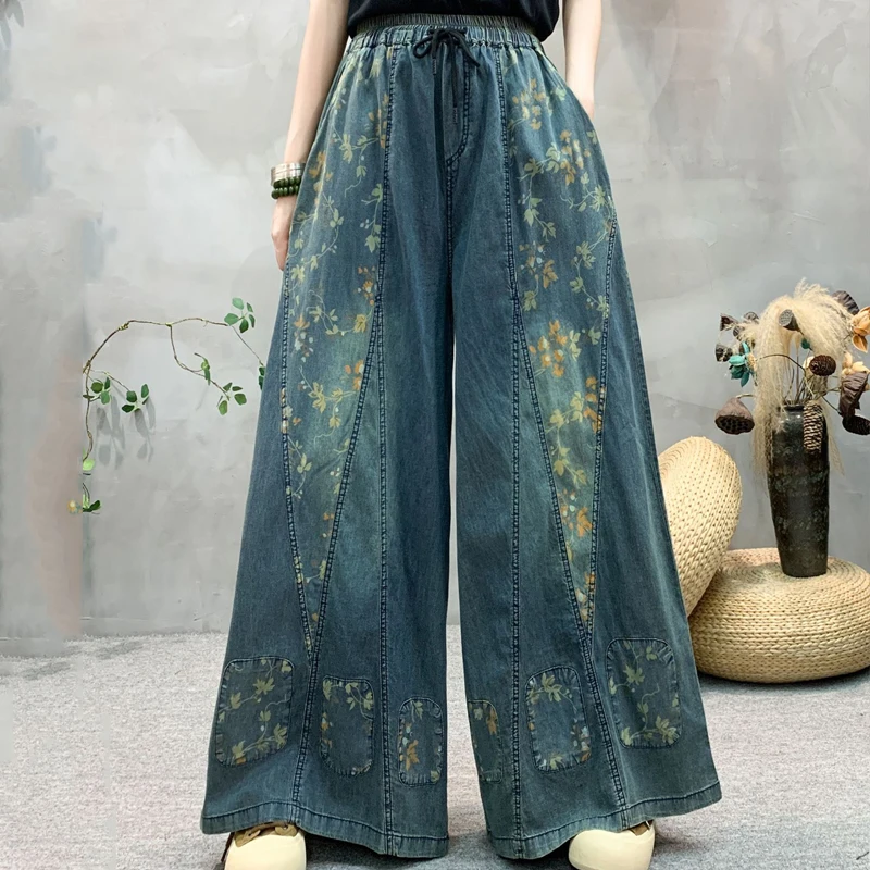

High Waist Vintage Jeans 2025 New Casual Elastic Waistline Women Pants Loose Floral Print Jeans Women Wide Leg Pants