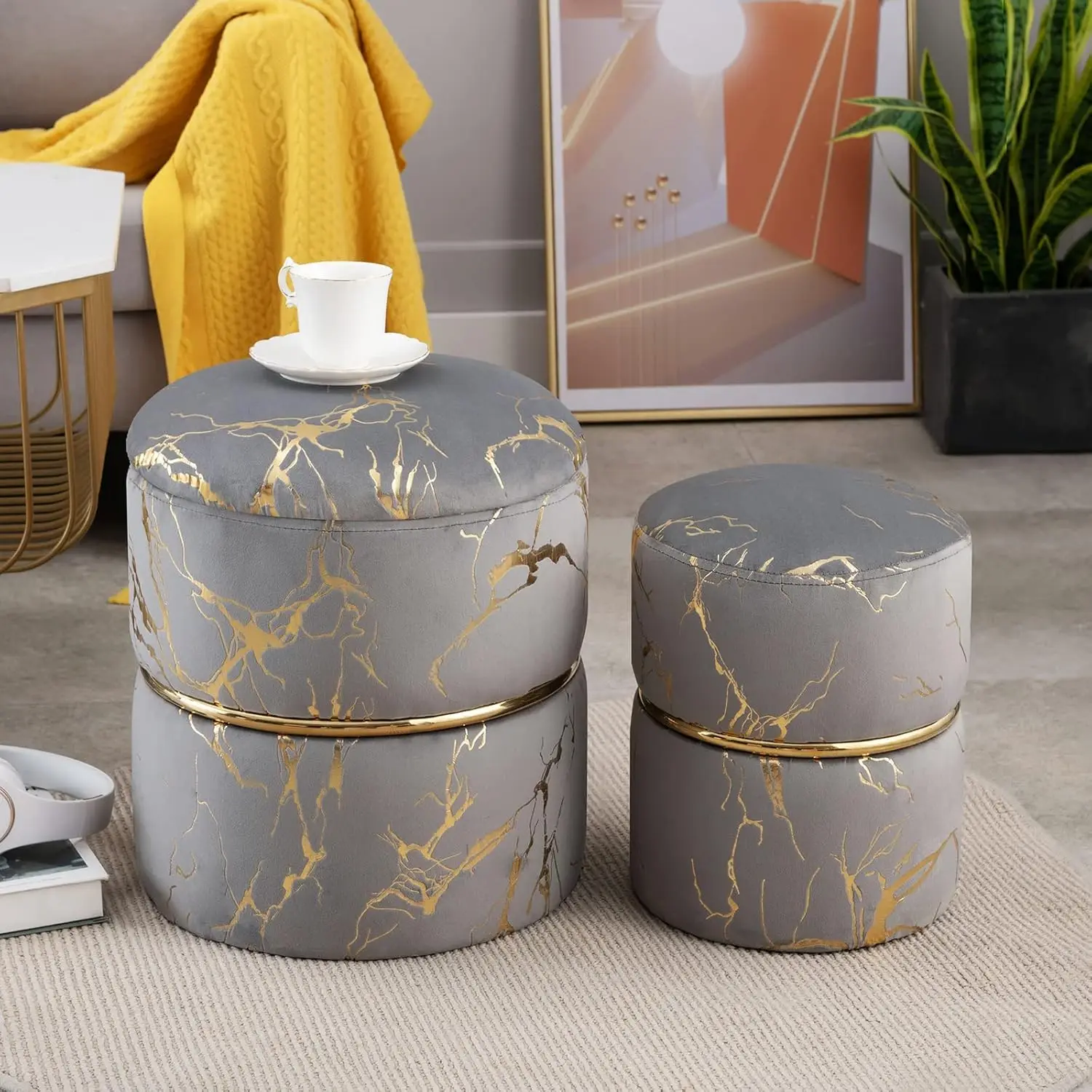 

Round Velvet Storage Ottoman Set Of 2, Modern Footrest Upholstered Footstool Bronzed Fabrics Vanity Stool For Living Room,