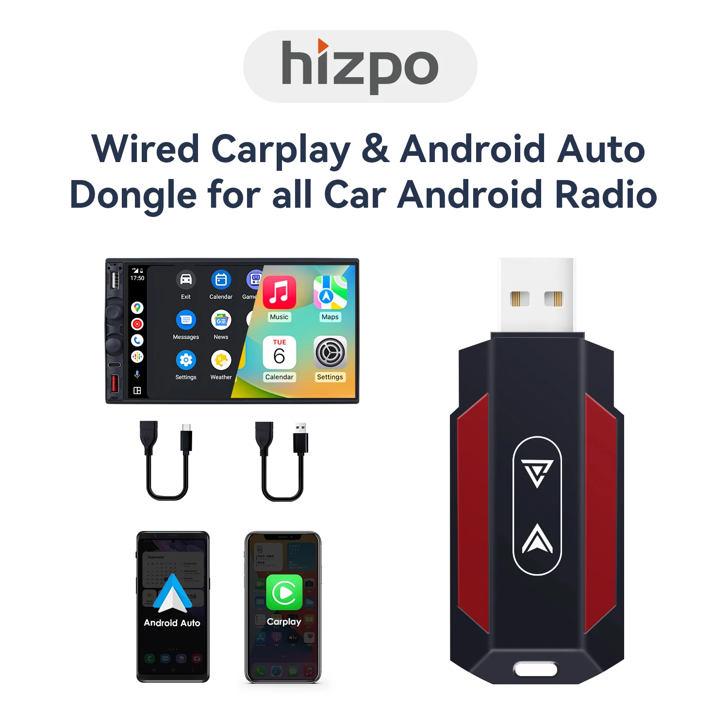 Hizpo Wired To Wireless CarPlay Android Auto Wireless Adapter Smart Dongle Plug and Play WiFi Fast Connect Universal Car Radio