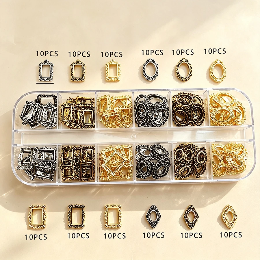 12-Fächer 3D Vintage Metallrahmen Nagelcharms Retro Punk Gold Schwarz Silber Fotorahmen Nagelsteine Legierung Hohlrahmen Nageldekoration – Detail 1