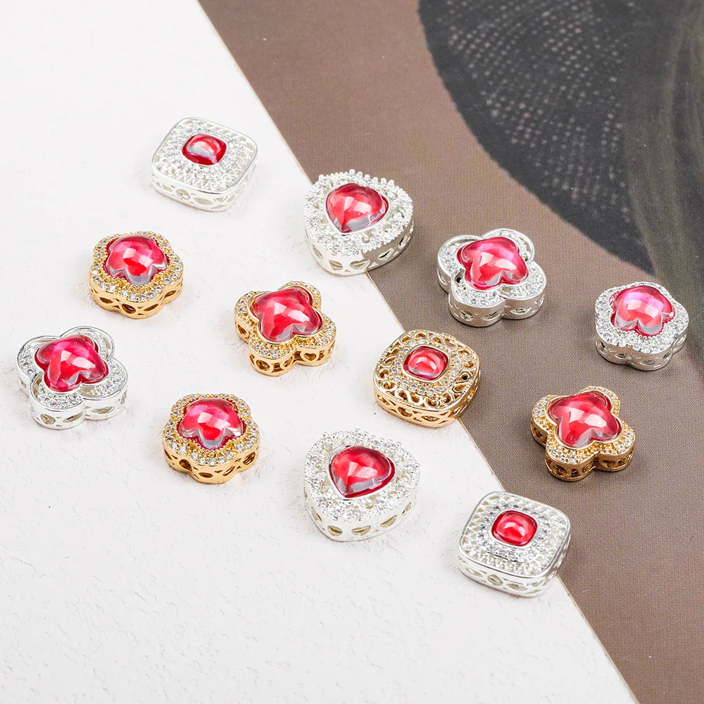 5 Pieces Copper Gold-plated Inlaid with Red Crystal Spacer Beads DIY Pearl Necklace Bracelet Jewelry Accessories Wholesale