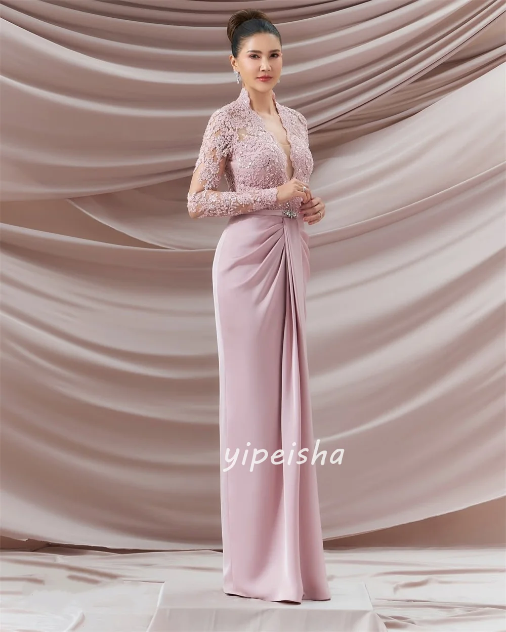 Customized Intricate Formal Jersey Rhinestone Applique Sash Mermaid V-neck Long Dresses Bespoke Occasion Dresses Sizes Available