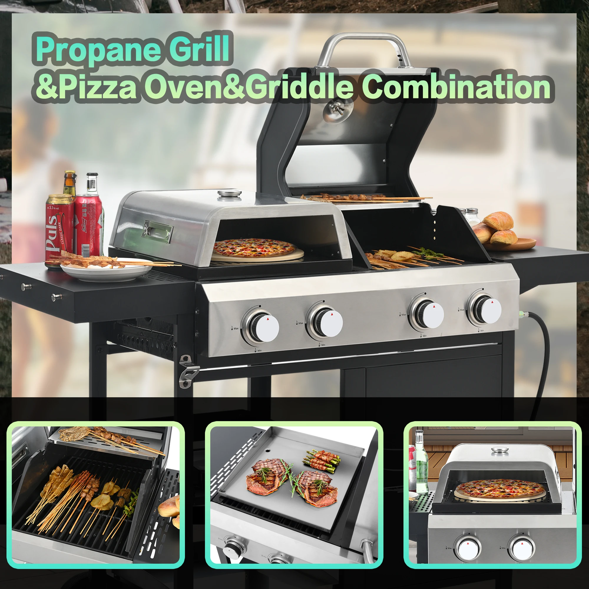 2+2 Burner Propane Gas Grill with Pizza Oven, 4-in-1 Outdoor BBQ Combo with Griddle, Stainless Steel Patio Cooker with Side Shel