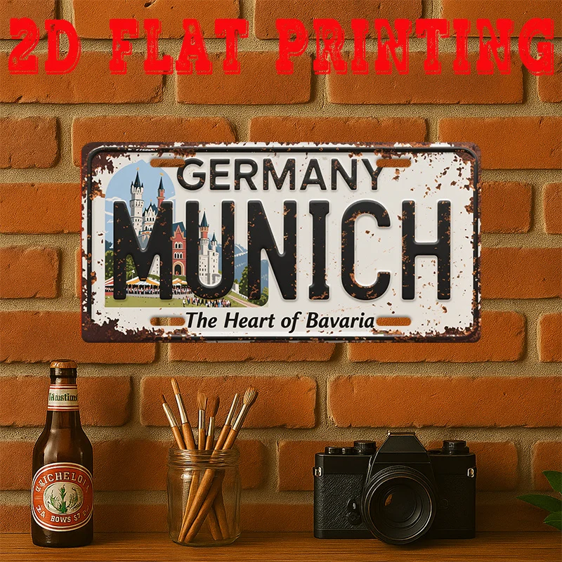 2D Flat Printing, 1pc, Vintage Metal Tin Sign (29.97 * 14.99 cm), Munich Bavaria Heart Sign, Retro Decor, Garage Decoration, Caf