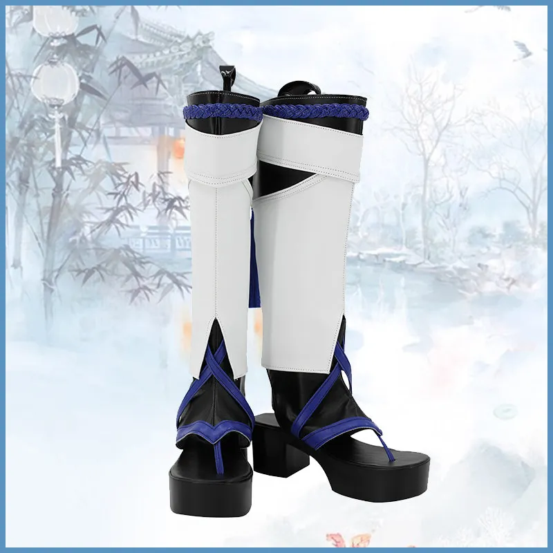 Anime Genshin Impact Wanderer Cosplay Shoes Black And White Long PU Leather Flat Sole Boots For Halloween Carnival