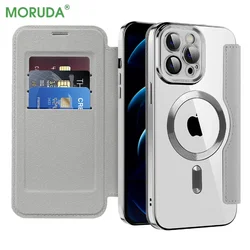 17 Pro Max Magnetic Flip Leather Clear Case for iPhone 15 16 11 12 13 14 Pro Max Plus For Magsafe Card Wallet Shockproof Cover