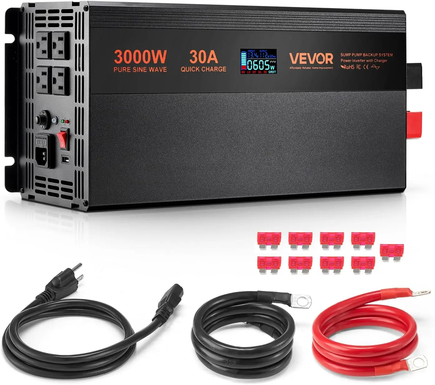Sump Pump Battery Backup System, 3000W, Auto Switches to Battery Inverter for Continuous Sump Pump Operation, Pure Sine Wave, LC