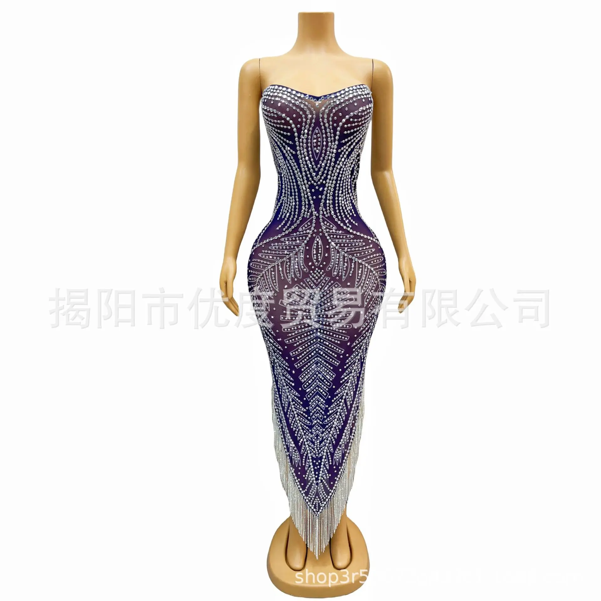 Tube Top Long Diamond Chain Halter Glam See-through Mesh Birthday Wear Cocktail Party Dance Night Dress Jia Lan Ye Show Costumes