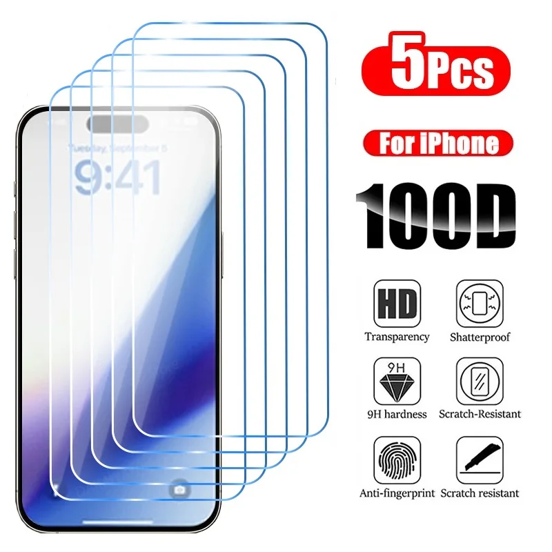 5PCS Tempered Glass for iPhone 15 14 13 12 11 Pro Max Mini Screen Protector for iPhone15 11Pro 14 Plus XS XR X 8 7 6 SE HD Glass