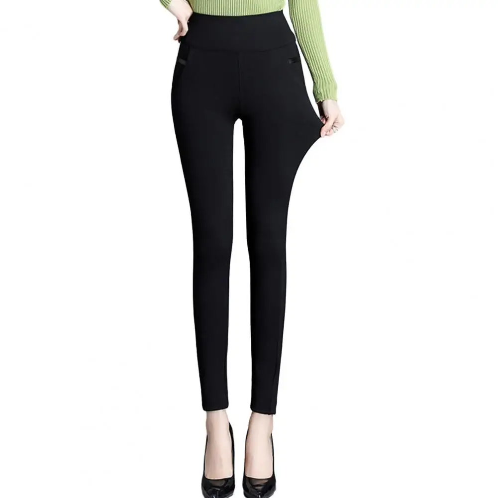 Women Fleece Pencil Pants High Waist Thickened Warm with Pockets Elegance Korean Style Stretch Solid Skinny Slim Lady Trousers