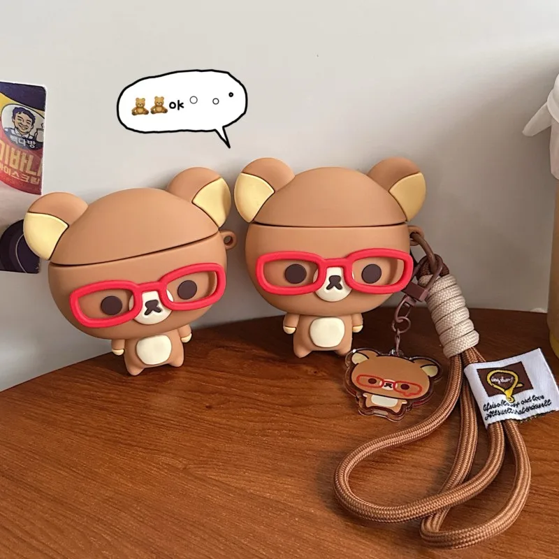 3D Rilakkuma Glasses Bear Silicone AirPods Case with Lanyard & Pendant for AirPods 3 4 Pro Pro 2 Pro3 Shockproof protective case