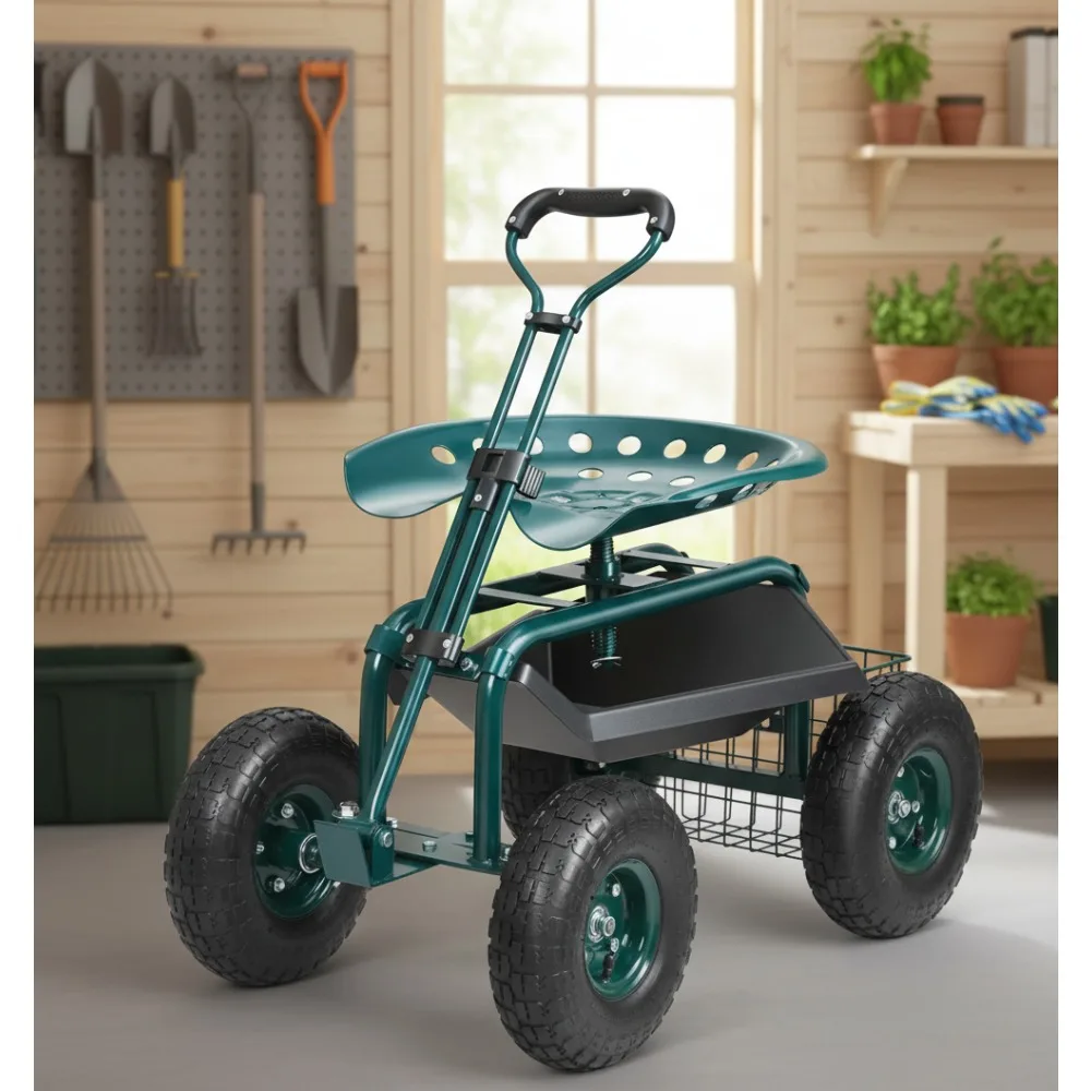 

360° Swivel Garden Cart Rolling Workseat with Wheels, Adjustable Handle & Tool Tray for Outdoor Planting