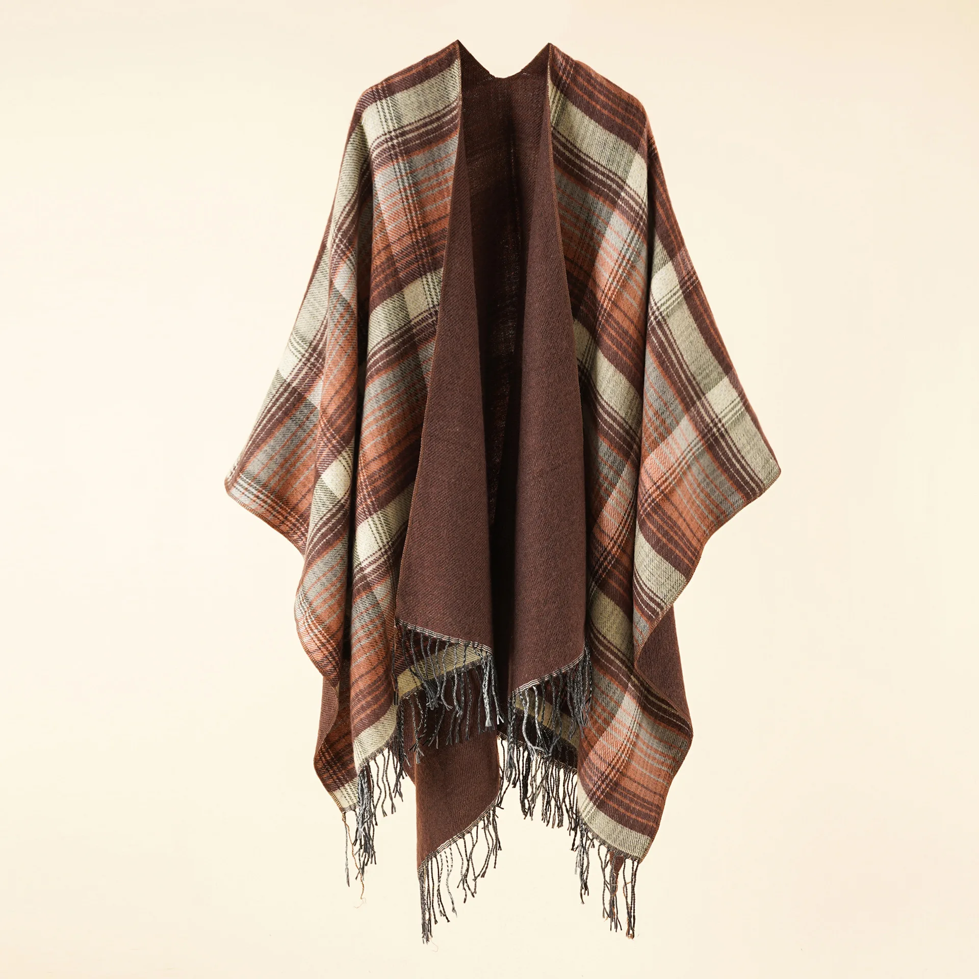 2022 Herfst Winter Nieuwe Kleur Raster Patroon Imitatie Kasjmier Warm Casual Vrouwen Kwasten Shawl Poncho Capes Dame Jas Koffie