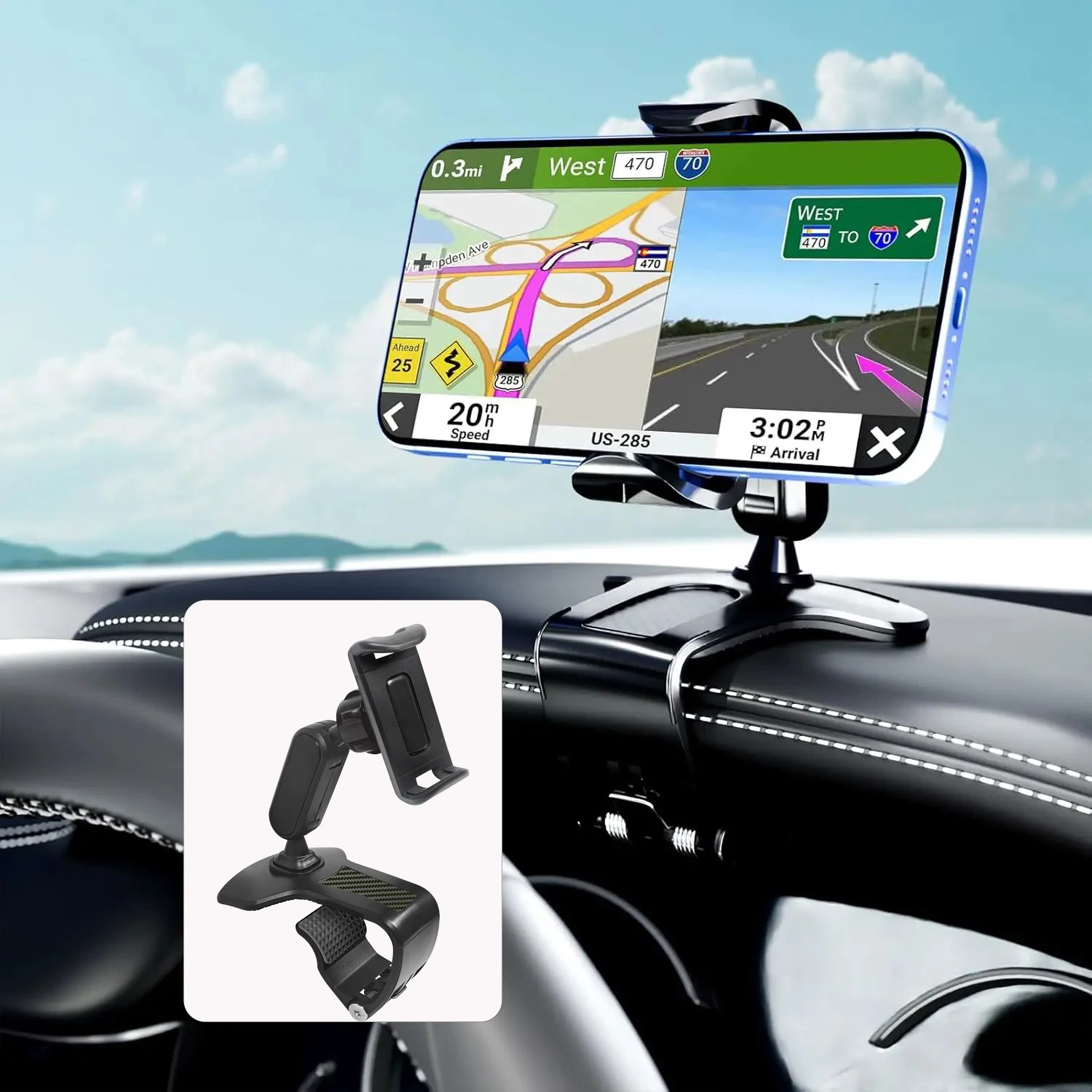 360 Degree Rotation Dashboard Cell Phone Holder for Car Clip Mount Stand Suitable for 4 to 7 inch Smartphones (Black)