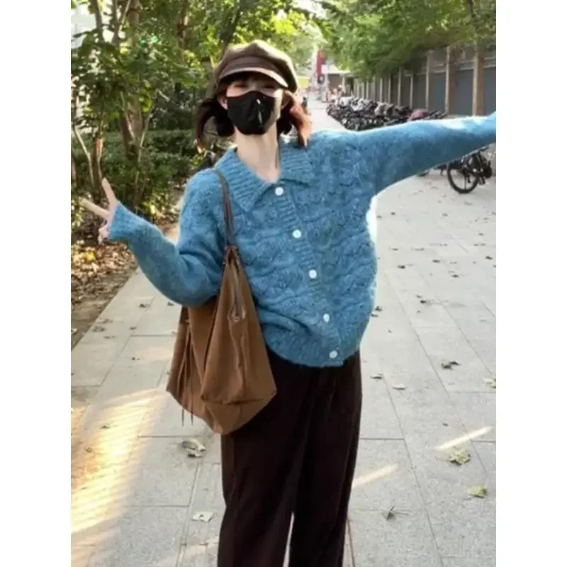 

Retro Soft Waxy Blue Lapel Sweater Jacket for Women Spring and Autumn New Style Lazy High-end Loose Knitted Cardigan