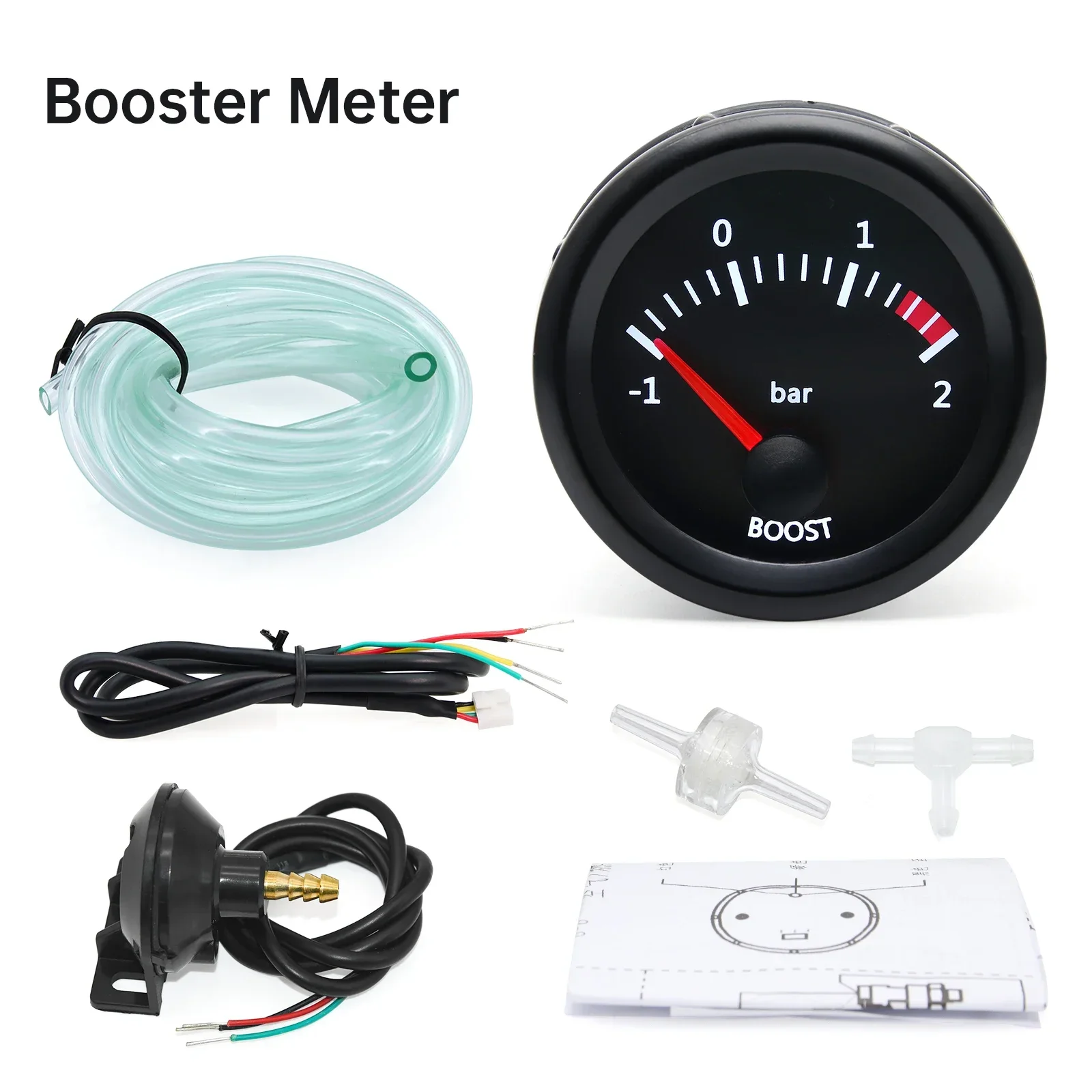 52mm Car Gauge White Backlight Pointer Boost Meter -1~2Bar Turbo Boost Gauge with T Tube PVC Hose for 12V Gasoline Vehicle