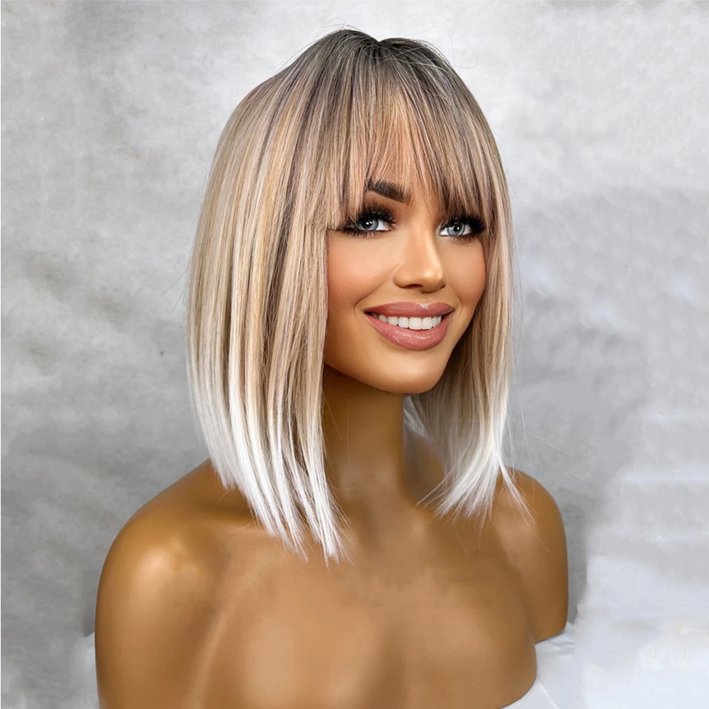 

Short Straight Bangs Wig Ash Blonde White Balayage Highlights Bob Wig 12" Ombre Dark Roots None Lace Synthetic Wig Heat Safe