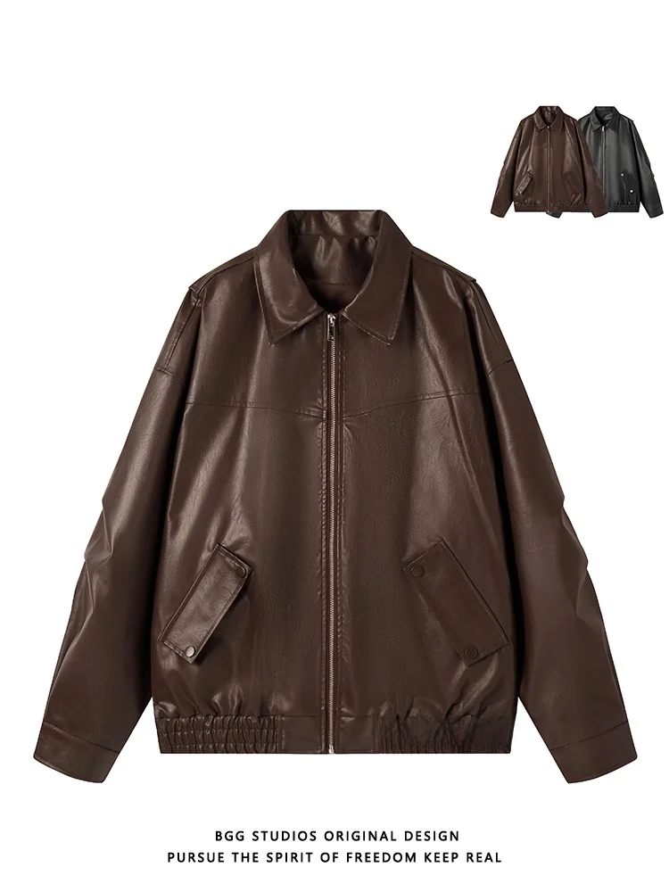 

Ретро американский коричневый воротник-стойка из искусственной кожи, свободное повседневное байкерское пальто, молодежное молодежное пальто, весенне-осенняя одежда