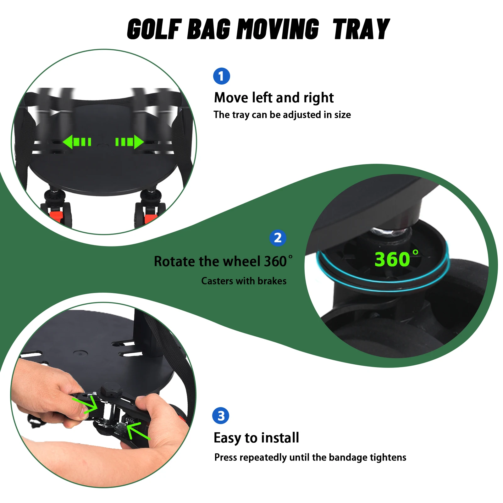 Universal Golf Bag Mobile Tray - Heavy-duty Rotating Wheel Trolley with Detachable Base Plate, Suitable for 8-10 Inch Golf Bags